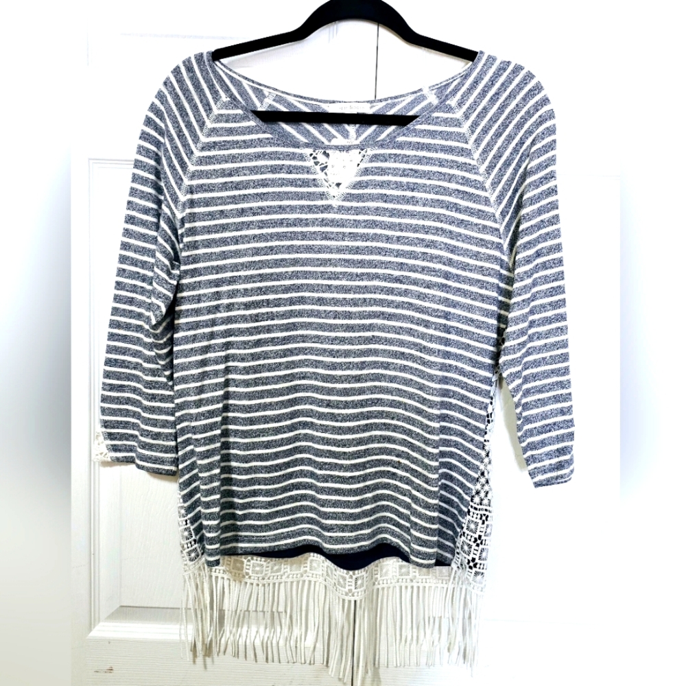 NEW! ERIN LONDON Women's Size Medium Blue & Cream Striped Lined Fringe Tunic